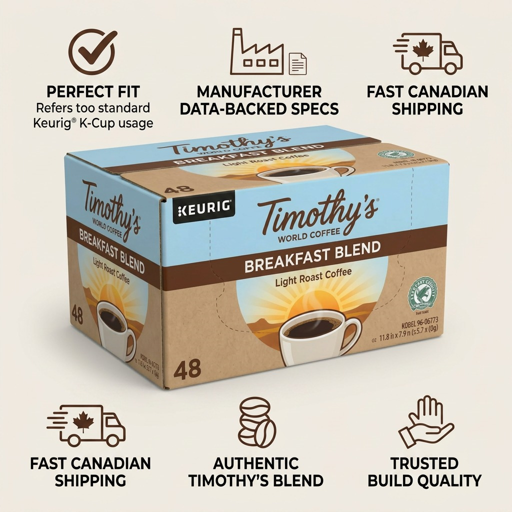 Infographic with Timothy's Breakfast Blend K-Cup box and icons for fit and Canadian shipping.
