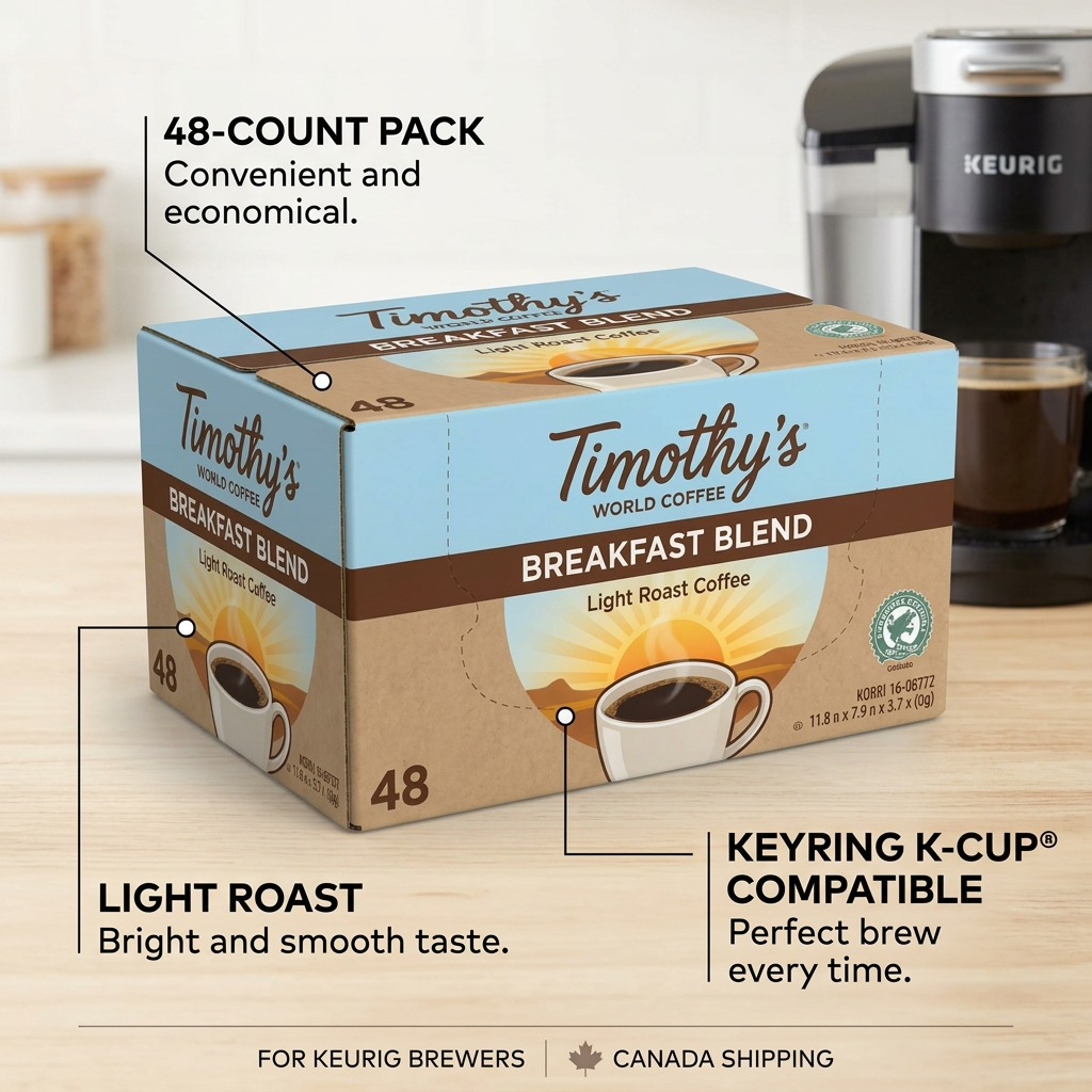 Timothy's Breakfast Blend 48-count K-Cup pods product feature graphic, highlighting compatibility and quantity.