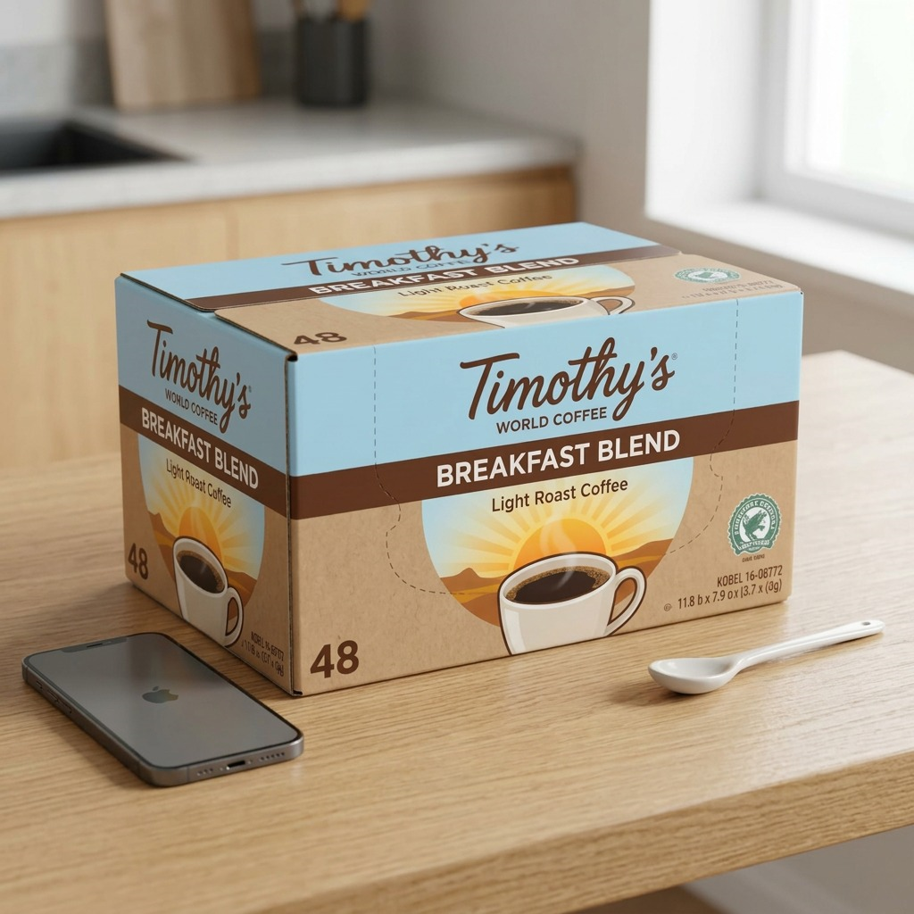 A photographic scale visual showing the Timothy's Breakfast Blend 48-count box next to a smartphone.