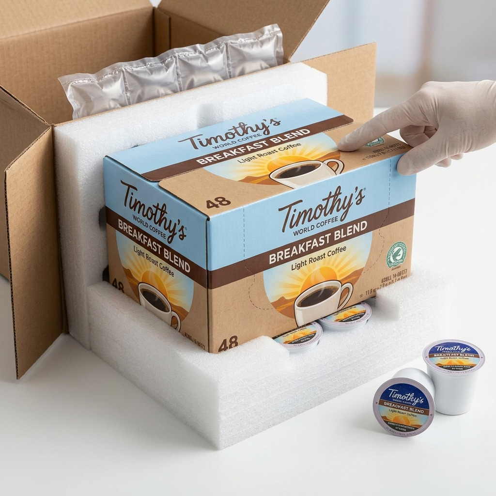 A close-up photograph of the original Timothy's Breakfast Blend 48-count box, identical to the reference, being carefully unpacked from thick, customized foam cradles within a brown cardboard shipping carton, surrounded by a few individual K-Cup instances that are in perfect condition.