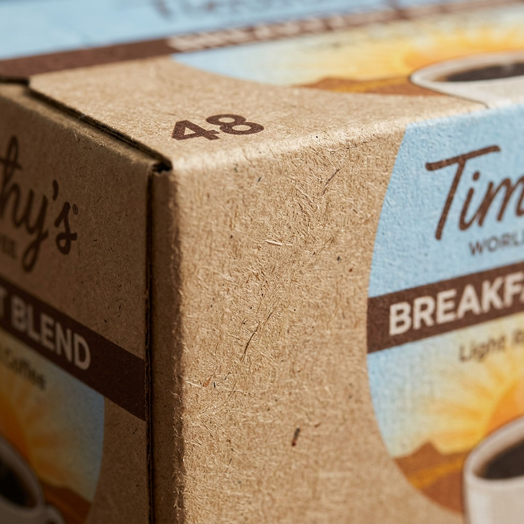 Macro detail of the fibrous texture on Timothy's 48ct Breakfast Blend coffee box.