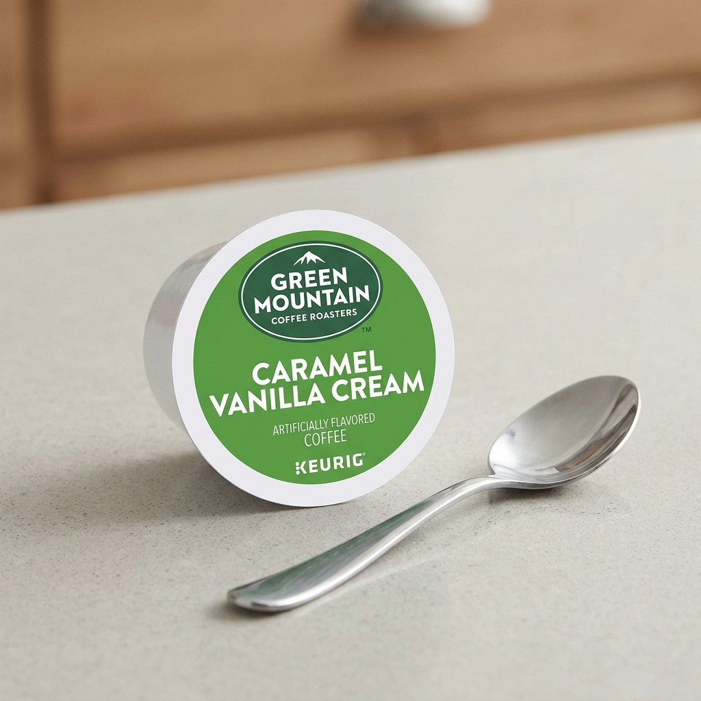 An angled photograph of a single Caramel Vanilla Cream K-Cup pod placed beside a standard silver teaspoon.