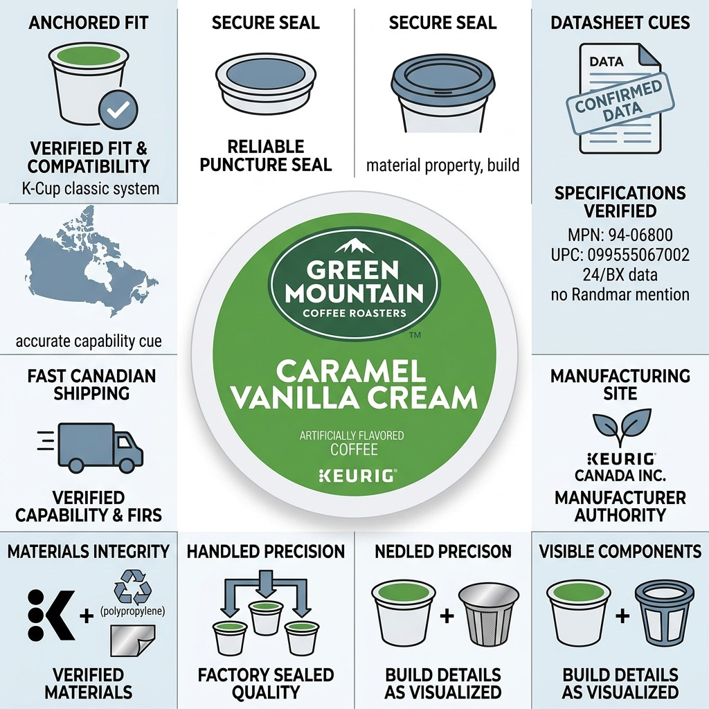 A trust infographic matrix surrounds the Green Mountain Caramel Vanilla Cream K-Cup with six confidence badges.