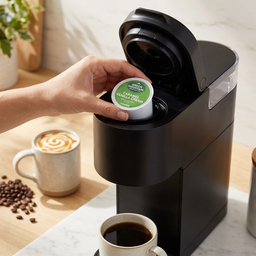 Lifestyle view of a single Green Mountain Caramel Vanilla Cream K-Cup being inserted by hand into a Keurig coffee maker on a kitchen counter.