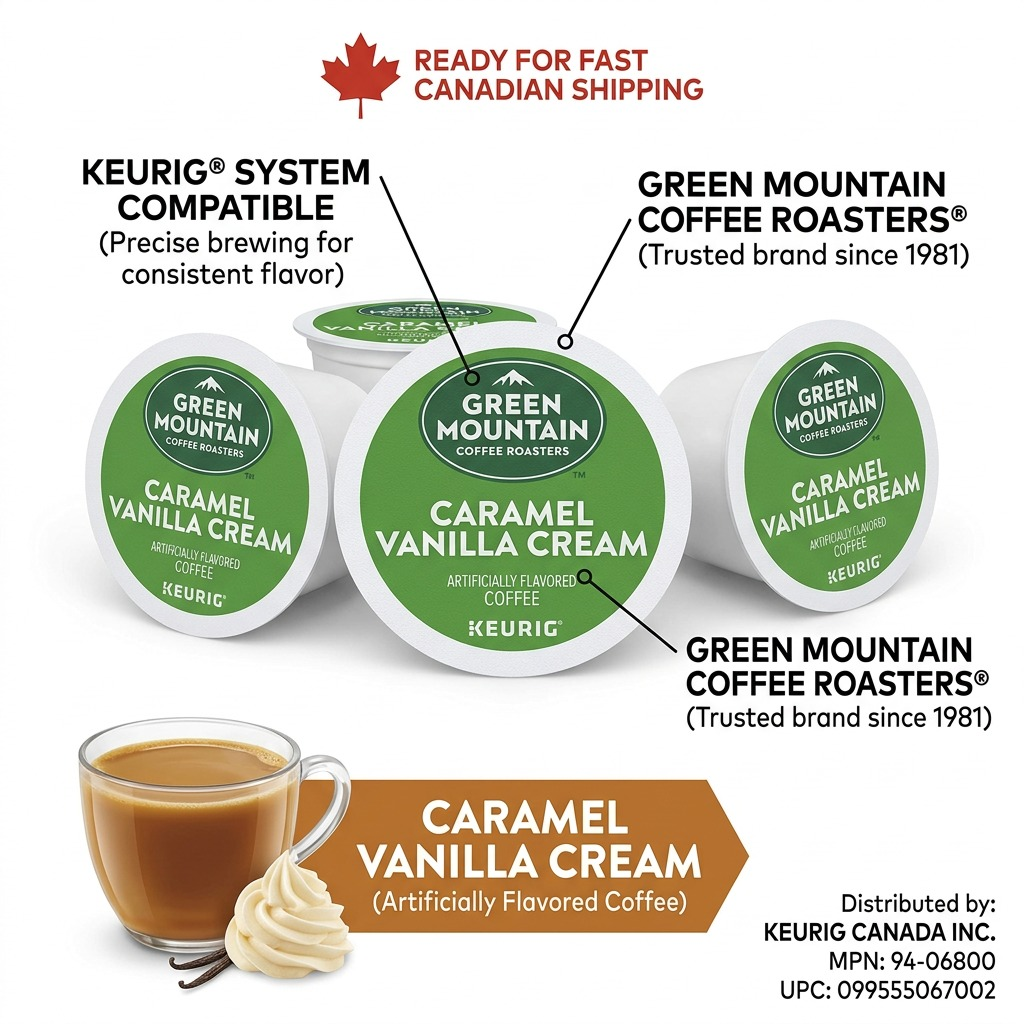 Ecommerce product feature graphic of Green Mountain Caramel Vanilla Cream K-Cup pods, highlighting Keurig compatibility and flavor.