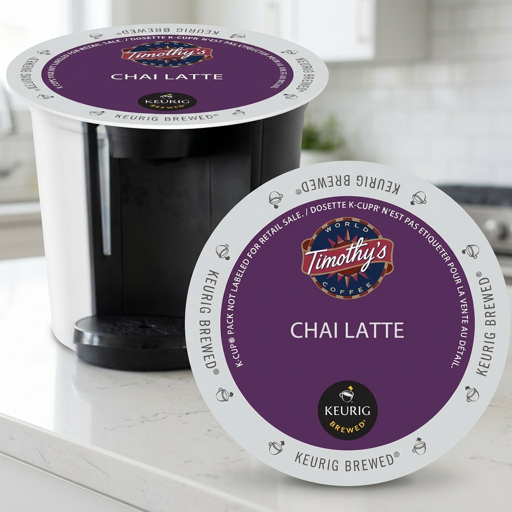 Lifestyle photo of two K-Cups by a coffee maker on a counter.