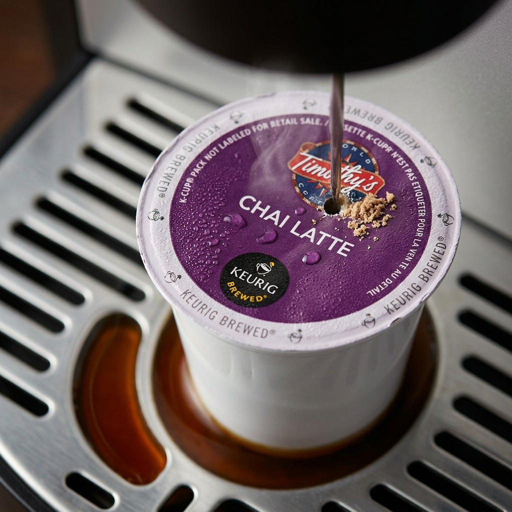 Extreme close-up of a Timothy's Chai Latte K-Cup, showing the foil lid texture, logo, and a tiny central micro-puncture.