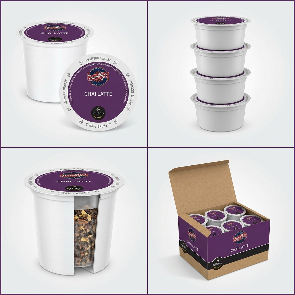 Keurig Canada Inc. Timothy's Chai Latte K-Cup variant matrix: different pack sizes and single pod.