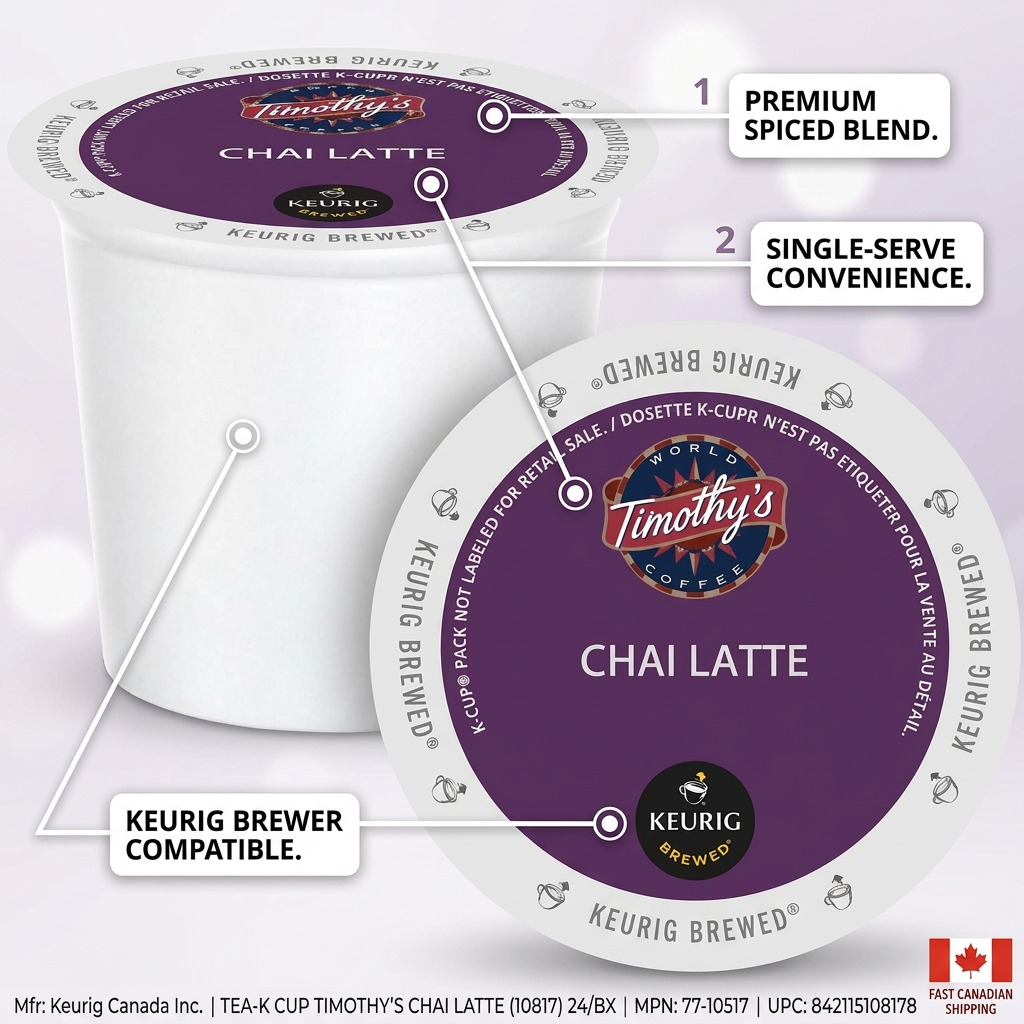 Timothy's Chai Latte K-Cup operational feature callout image: highlighting spicing, convenience, and compatibility.