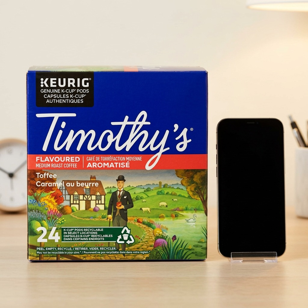 A comparison shot of the Timothy's Toffee coffee box and a modern smartphone, showcasing scale.