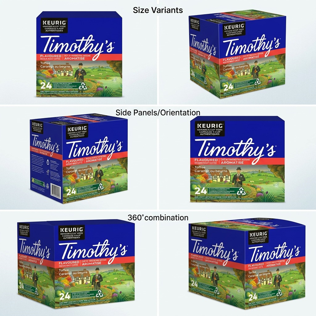 An ecommerce-style product matrix showing six identical boxes of Keurig Timothy's Toffee coffee, seen from different useful angles on a clean grid.