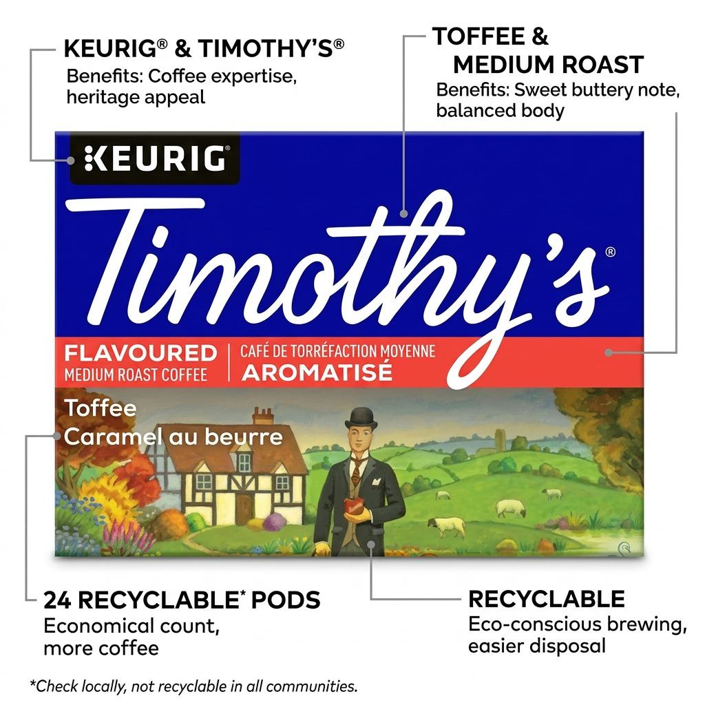 An e-commerce graphic highlights 24 recyclable Keurig Timothy'S Toffee K-Cup pods and tasting notes.