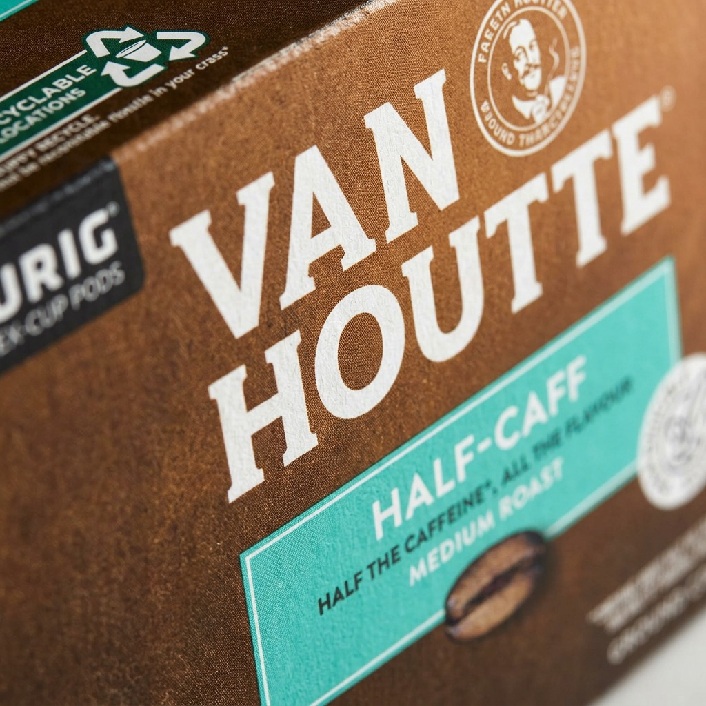 Macro close-up of Van Houtte Half-Caff KCup box highlighting fibrous cardboard texture and print.