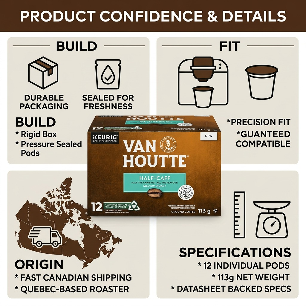 Product confidence infographic for Van Houtte Half-Caff K-Cups: build, fit, specifications details.
