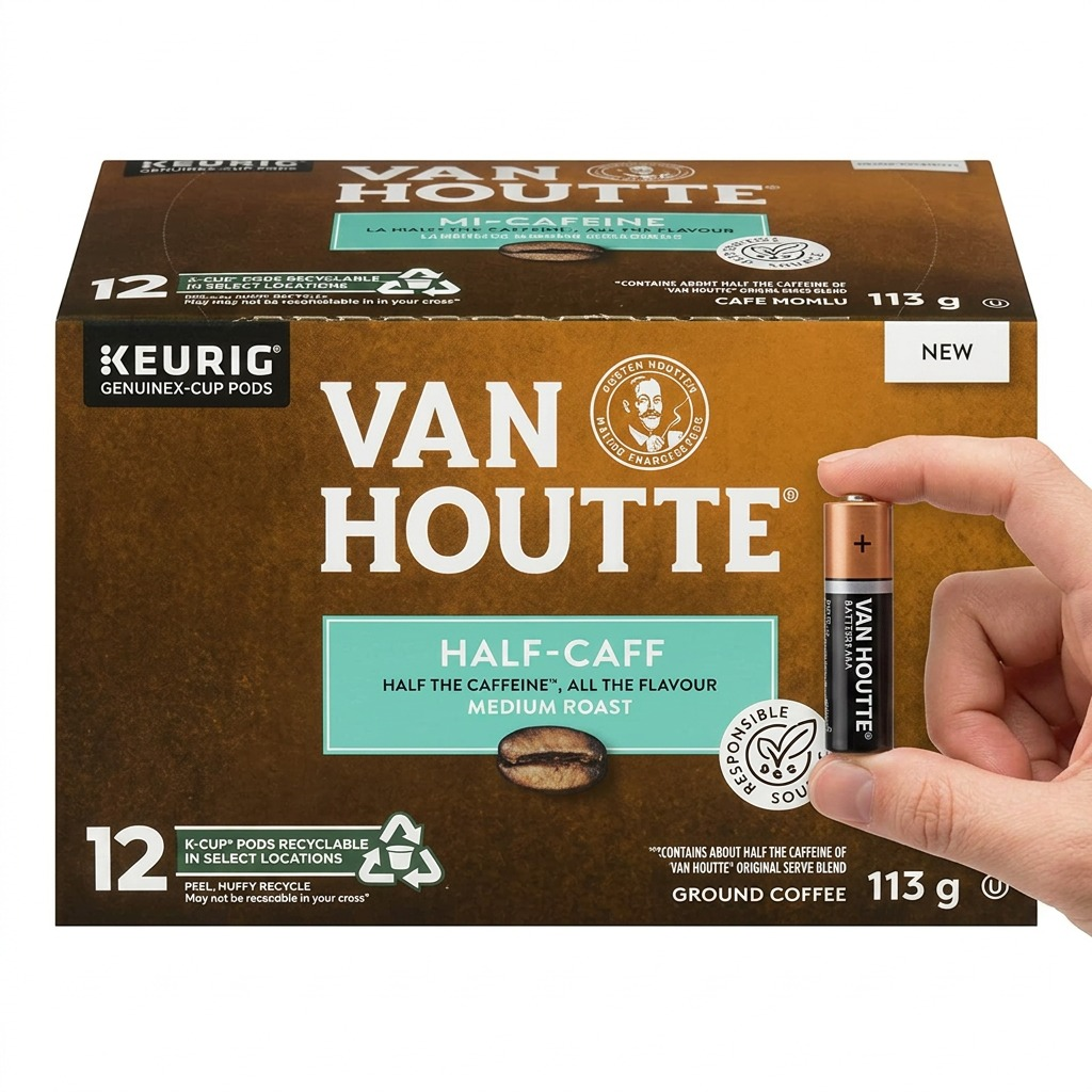 A single Van Houtte k-cup on a white background, held between a thumb and index finger for scale.