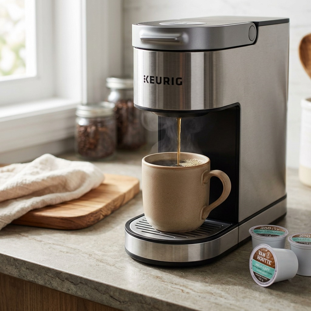 lifestyle, product-led shot, a rustic kitchen counter with a ceramic mug of steaming coffee, surrounded by a metal k-cup carousel holding several generic coffee pods.