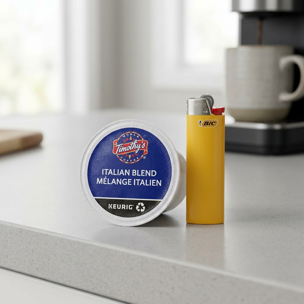 Timothy's Italian Blend K-Cup pod and BIC lighter on a counter, showing relative scale.