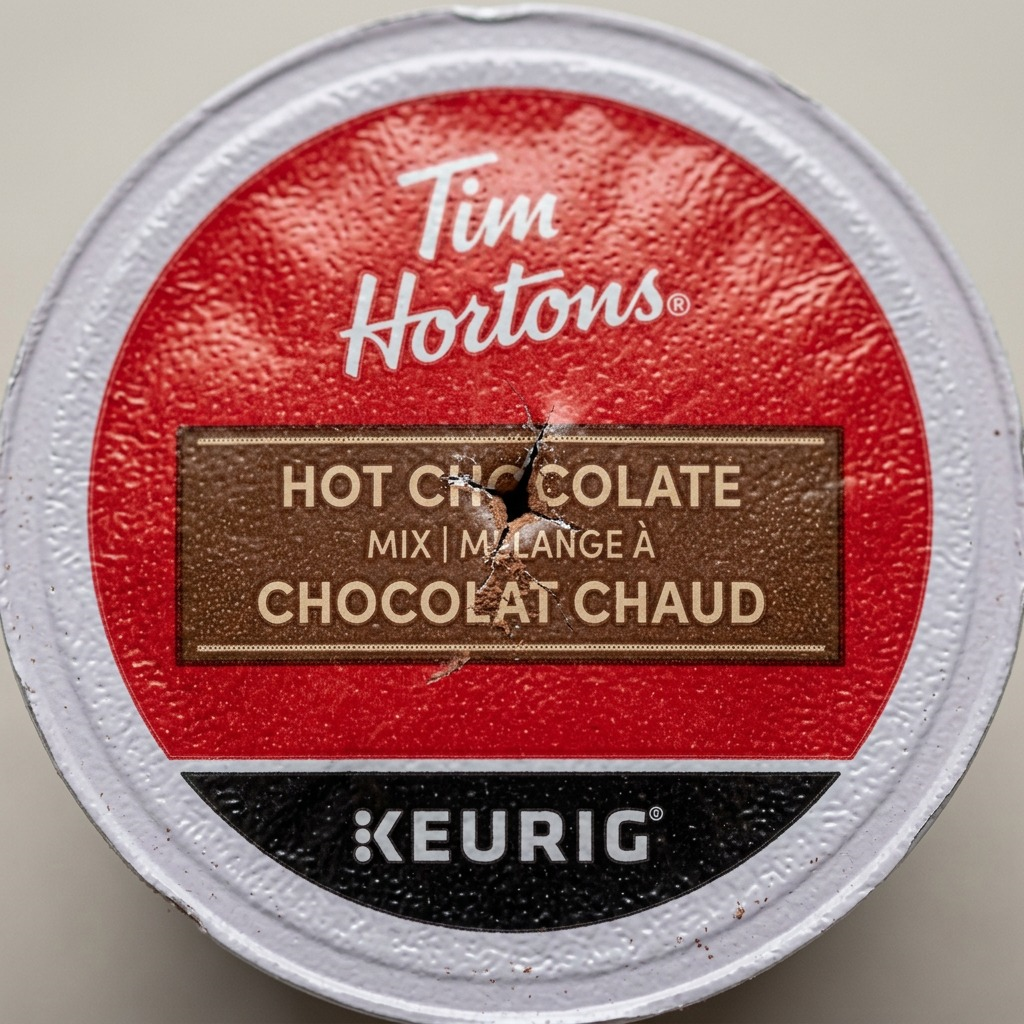 Macro detail focuses on the punctured foil lid texture, revealing a distinct needle entry mark.