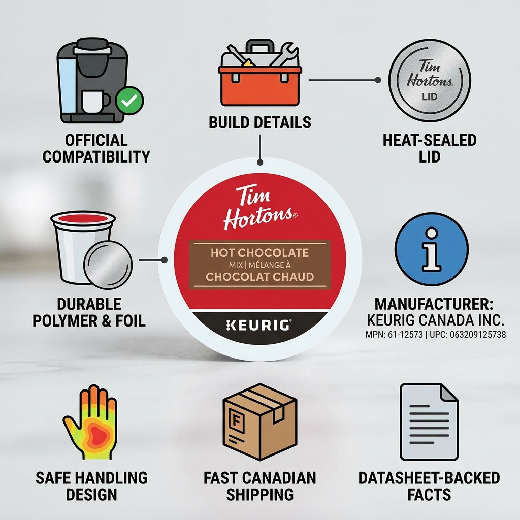 Trust and authority infographic for Tim Hortons Hot Chocolate K-Cups with key factual cues.