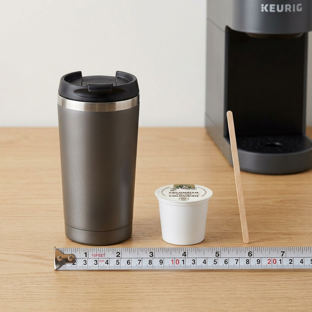 A full shot of an accurately scaled Van Houtte Colombian Dark K-Cup coffee pod next to a common wooden coffee stirrer and a medium-sized mug.