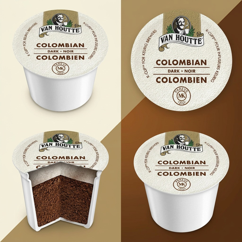 Multi-angle product views of a Van Houtte Colombian Dark K-Cup, including top, angled, and a cross-section on a brand-aligned geometric background.