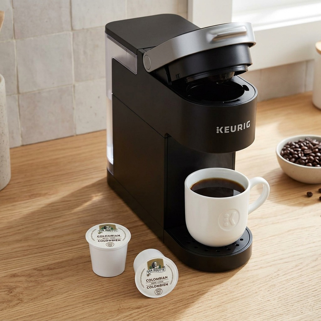 Lifestyle photo: Two Van Houtte Colombian Dark K-Cup pods sit on a textured counter beside a brewing Keurig machine.