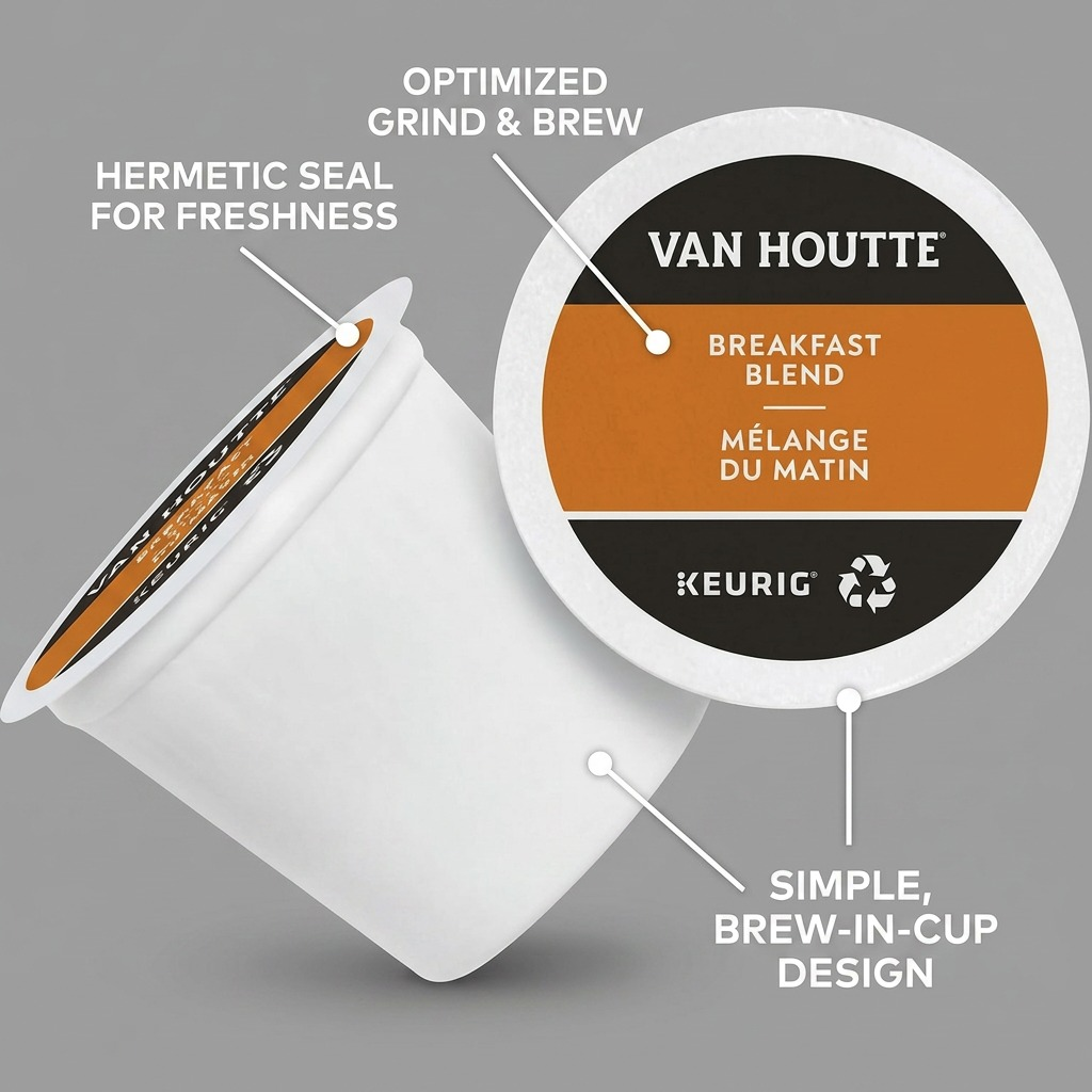 An explanatory visual matrix image for Van Houtte K-Cup pods, showing the product with concise feature callouts like hermetic seal, optimized grind, and easy brew design.