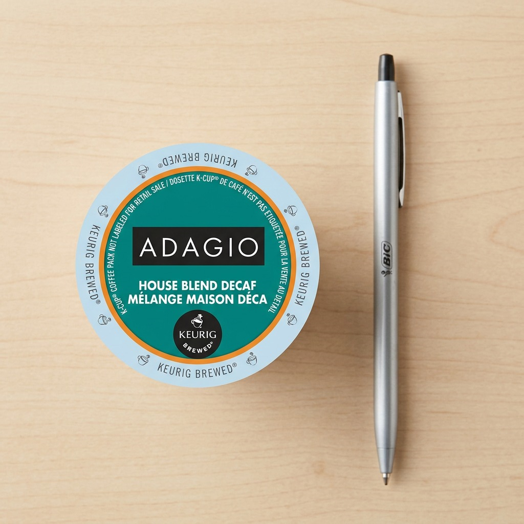 A top-down view of the single Adagio House Blend Decaf K-Cup pod and a standard-sized silver pen on a light maple wood surface.