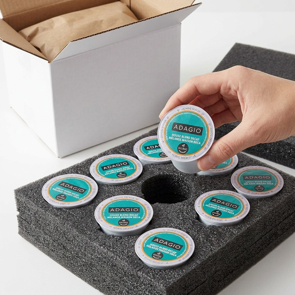 Premium photo of a Keurig Adagio Decaf K-Cup pod held above open protective foam and a bubble mailer.