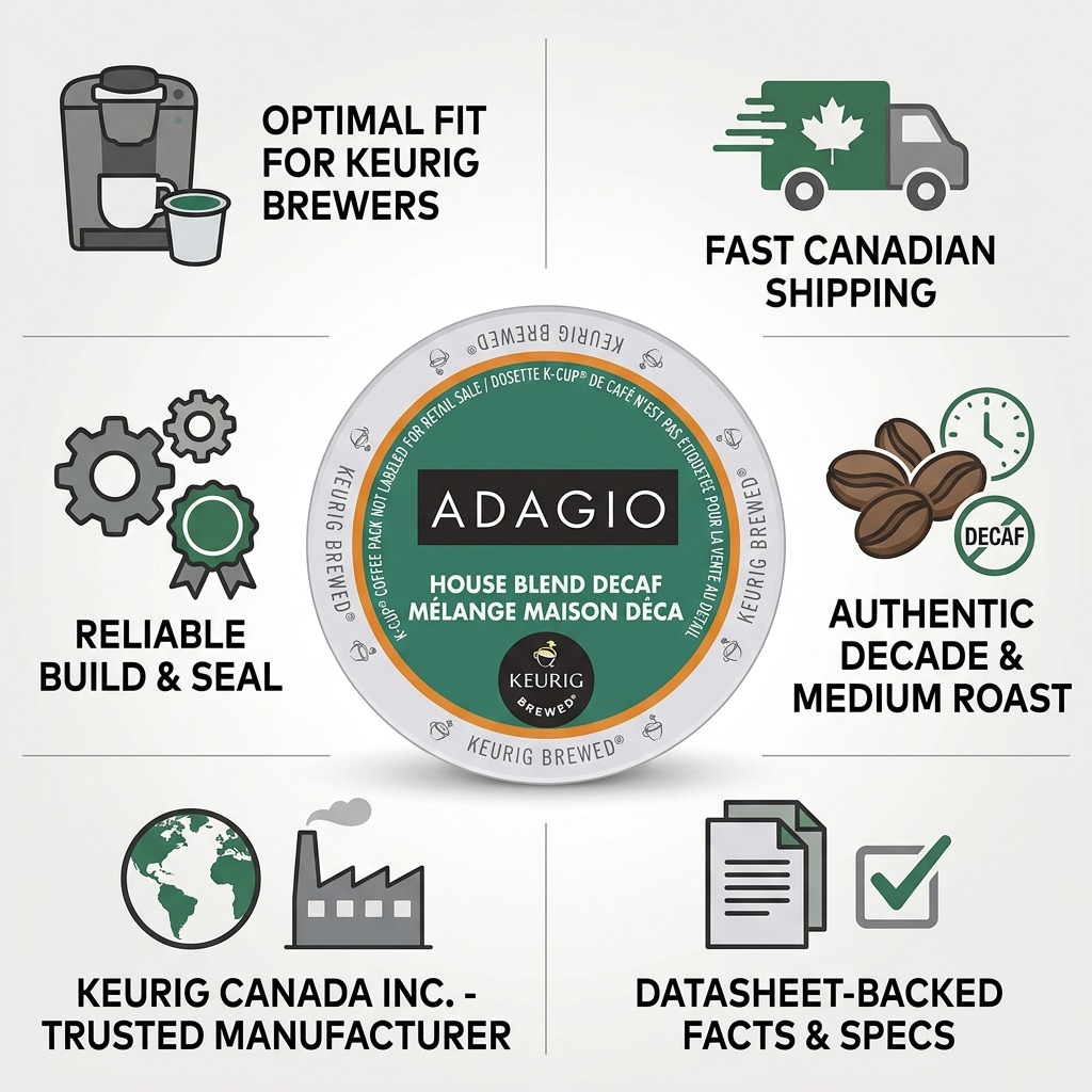 Trust and authority visual matrix for Keurig Adagio Decaf K-Cups, showing key features, compatibility, and faster Canadian shipping details.