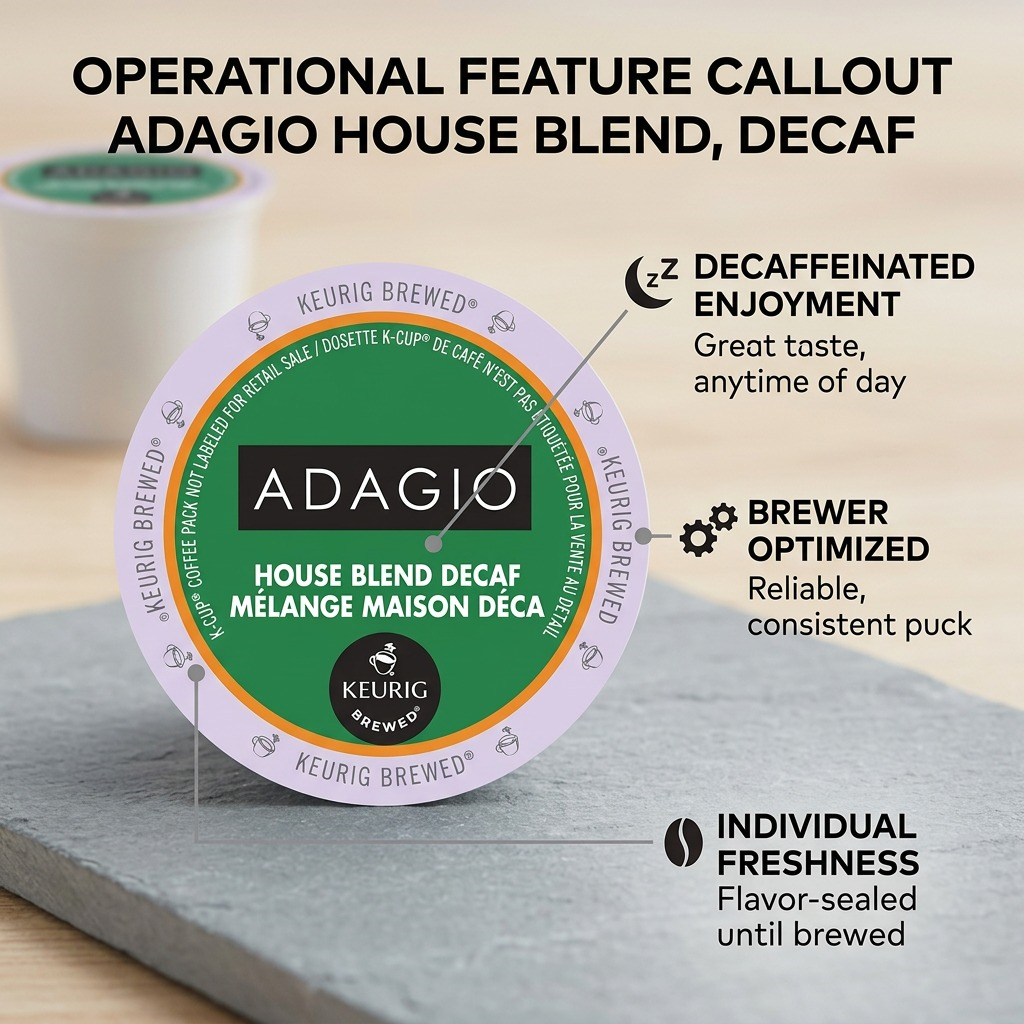 Operational feature graphic of the ADAGIO House Blend Decaf K-Cup, highlighting key benefits and certifications.