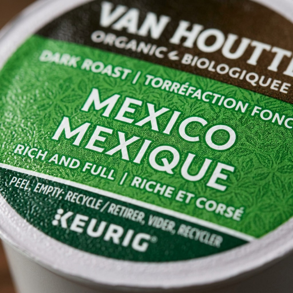 Macro view showing fine print and texture on the Van Houtte Mexico coffee pod foil lid.