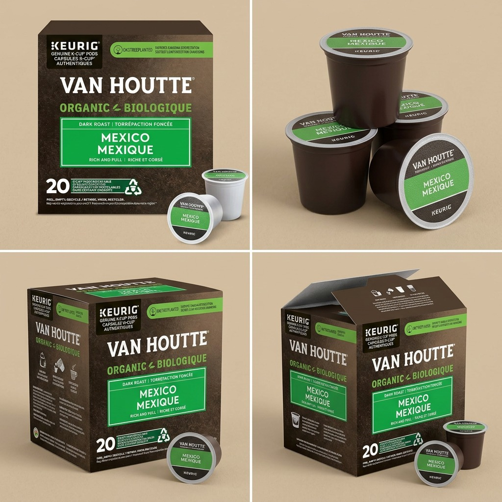 A four-panel grid showing the Van Houtte Mexico K-Cup 20/BX from different angles on a light brown background.