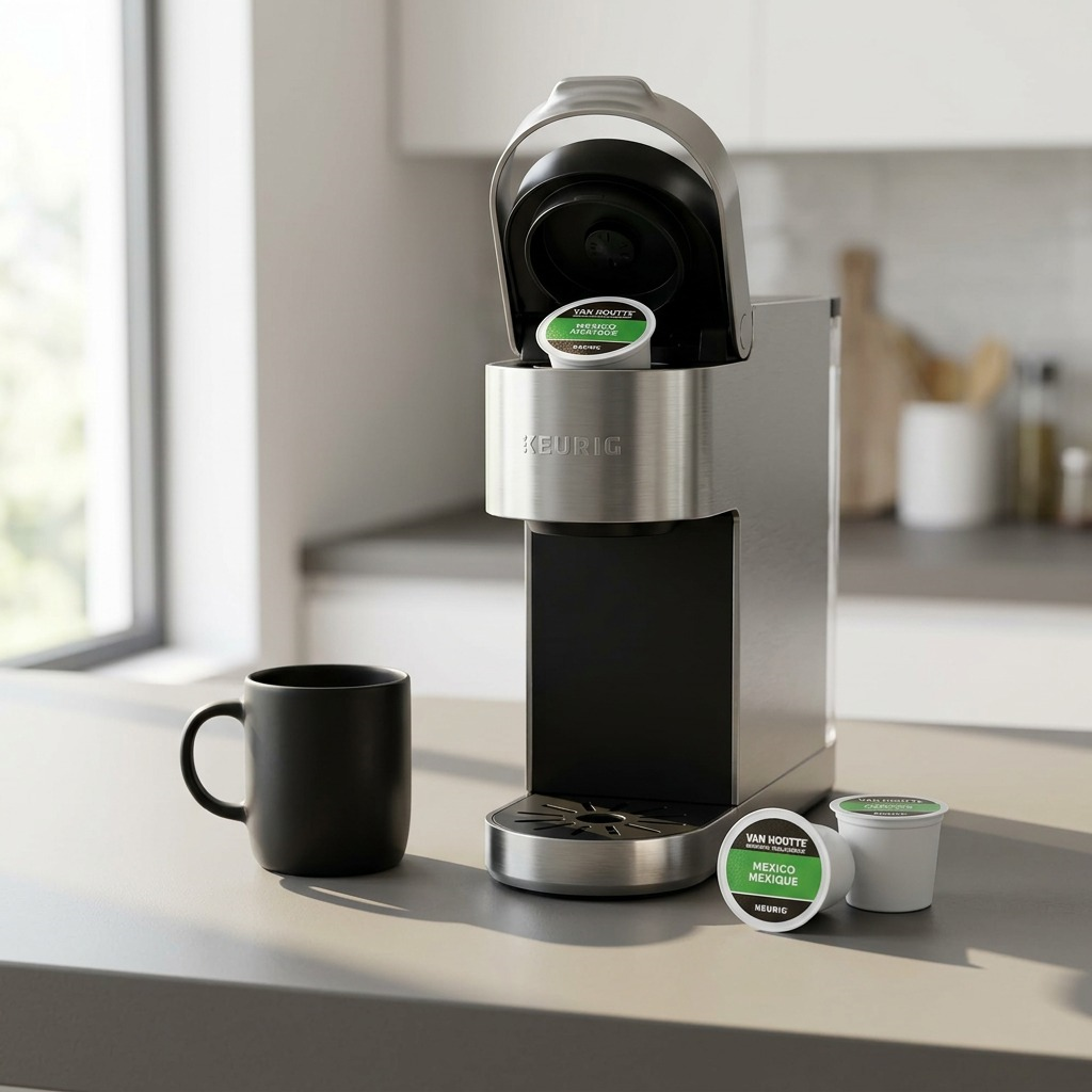 A clean-label Keurig brewing station, with two Van Houtte Mexico Organic K-Cup pods ready.