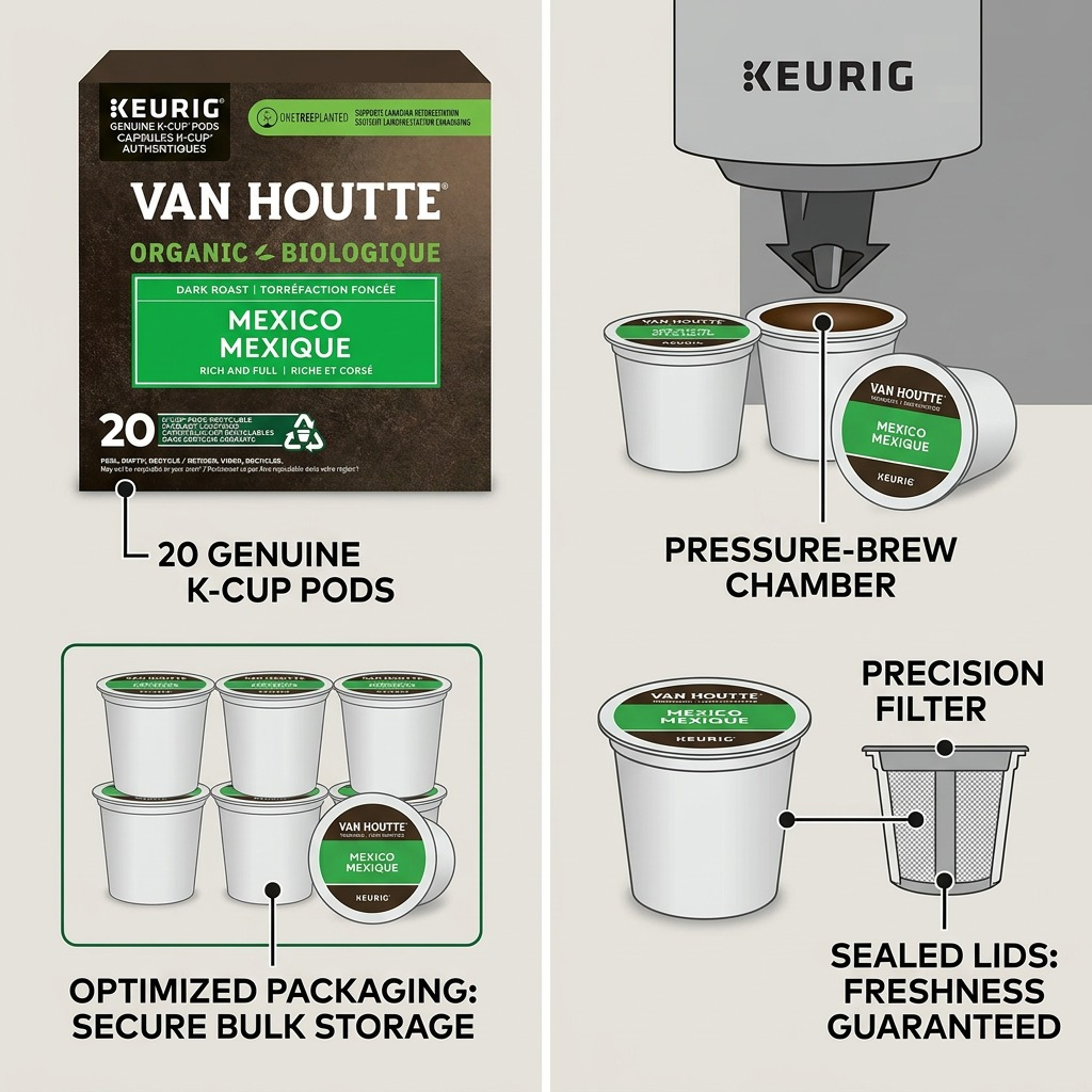 Ecommerce feature matrix for Van Houtte Organic Mexico K-Cups featuring four key operational diagrams and pointers.