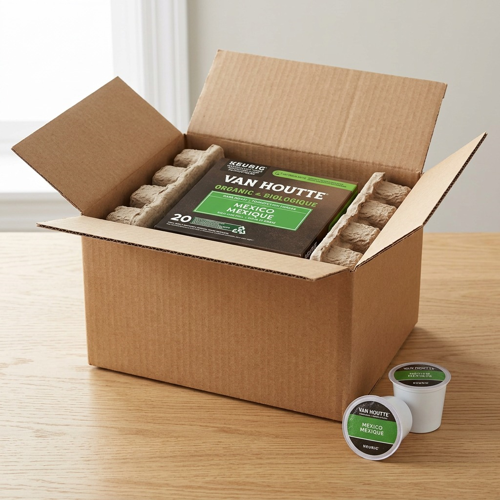 An opened, sturdy cardboard box reveals the pristine, sealed Van Houtte Mexico K-Cup carton, nestled securely within protective recycled pulp paper molded cushions, showing a protected online delivery.