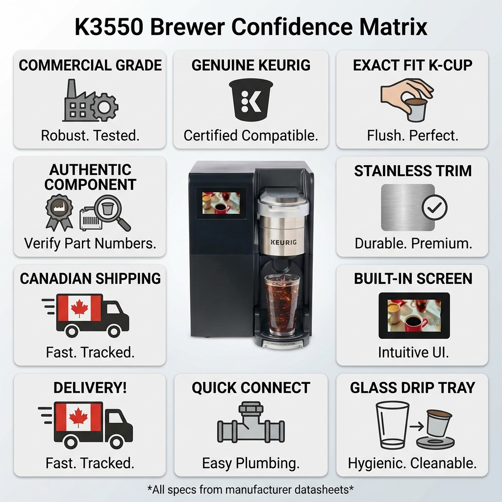 Trust and authority infographic for Keurig K3550 commercial brewer, highlighting features and factual product details.