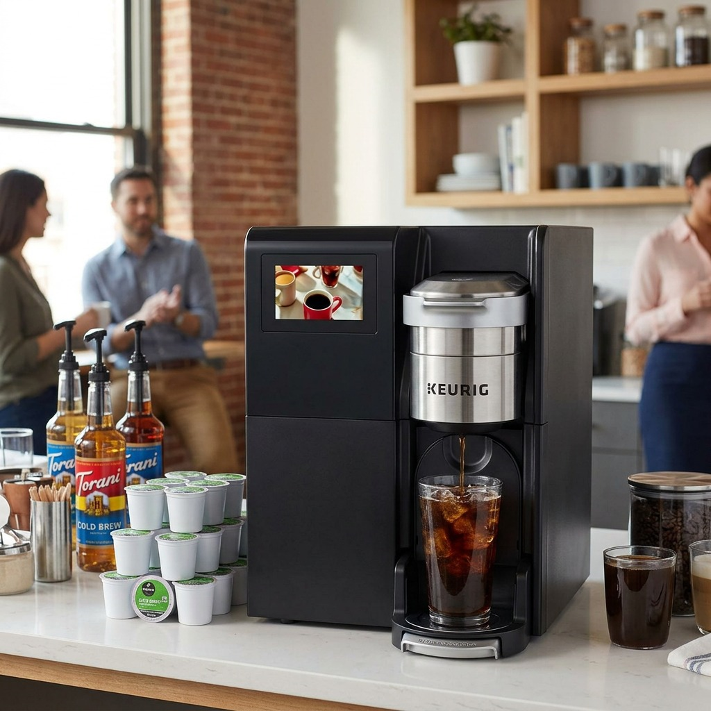 Iced coffee being brewed by the specific Keurig commercial brewer.
