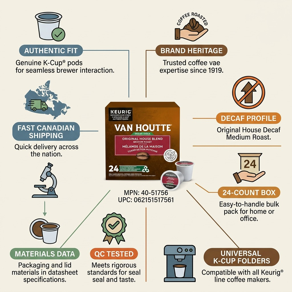 Infographic matrix for Van Houtte Original House Decaf K-Cups with 8 trust icons: Genuine K-Cups, Medium Roast, Decaf, 24-Count, QC Tested, Keurig Compatible, Clean Handling, Fast CAN Shipping.