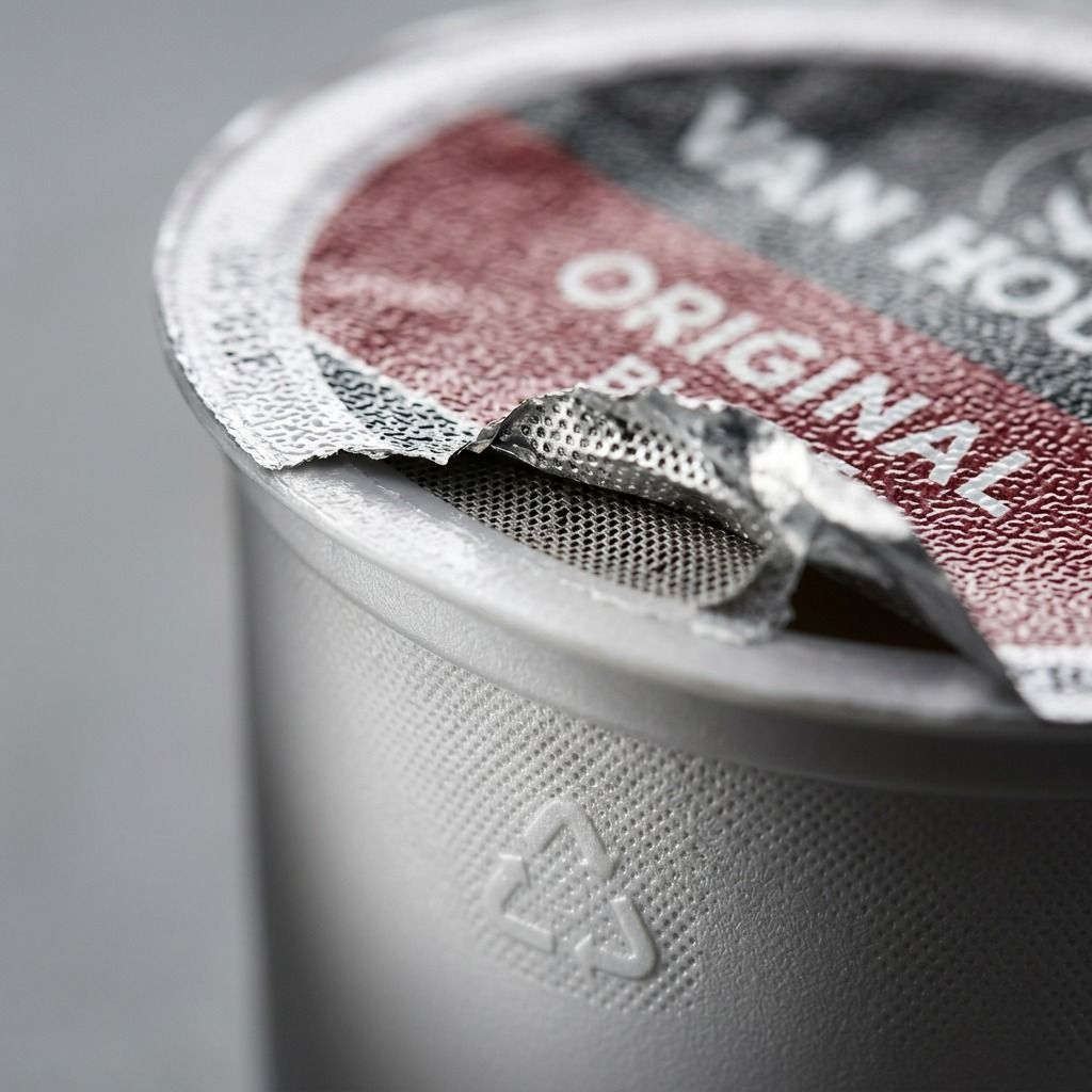 Macro photo detailing the recyclable foil and mesh of a K-Cup pod with "Original" visible.