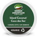 A high-resolution, centered photograph of a Green Mountain Island Coconut Keurig K-Cup pod against a pure white background, showcasing its dark green and black label with white text and logos.