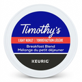 Pure high-resolution hero shot of a single Timothy's Breakfast Blend K-Cup, exactly as referenced in image_0.png, centrally positioned on a pure white background with a subtle, soft shadow, suitable for a Shopify product page. All label details, colors, and the Keurig logo are sharp and clear.