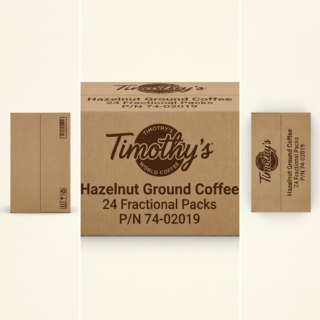 A matrix of three images: the front, back, and top of the Timothy's Hazelnut Ground Coffee cardboard case, showcasing its specific branding and labels from multiple angles.
