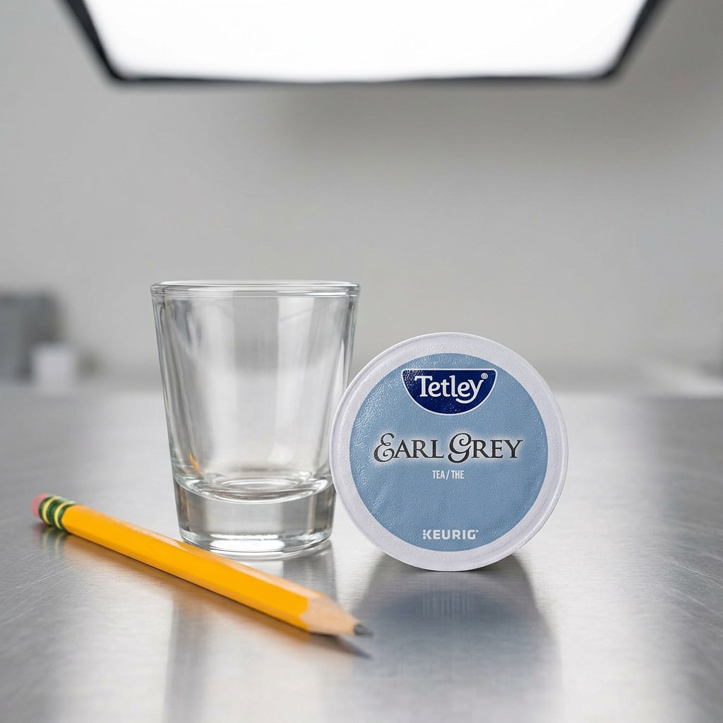 Scaleshot: a single canonical Tetley Earl Grey K-Cup tea pod beside a standard 1-ounce shot glass.