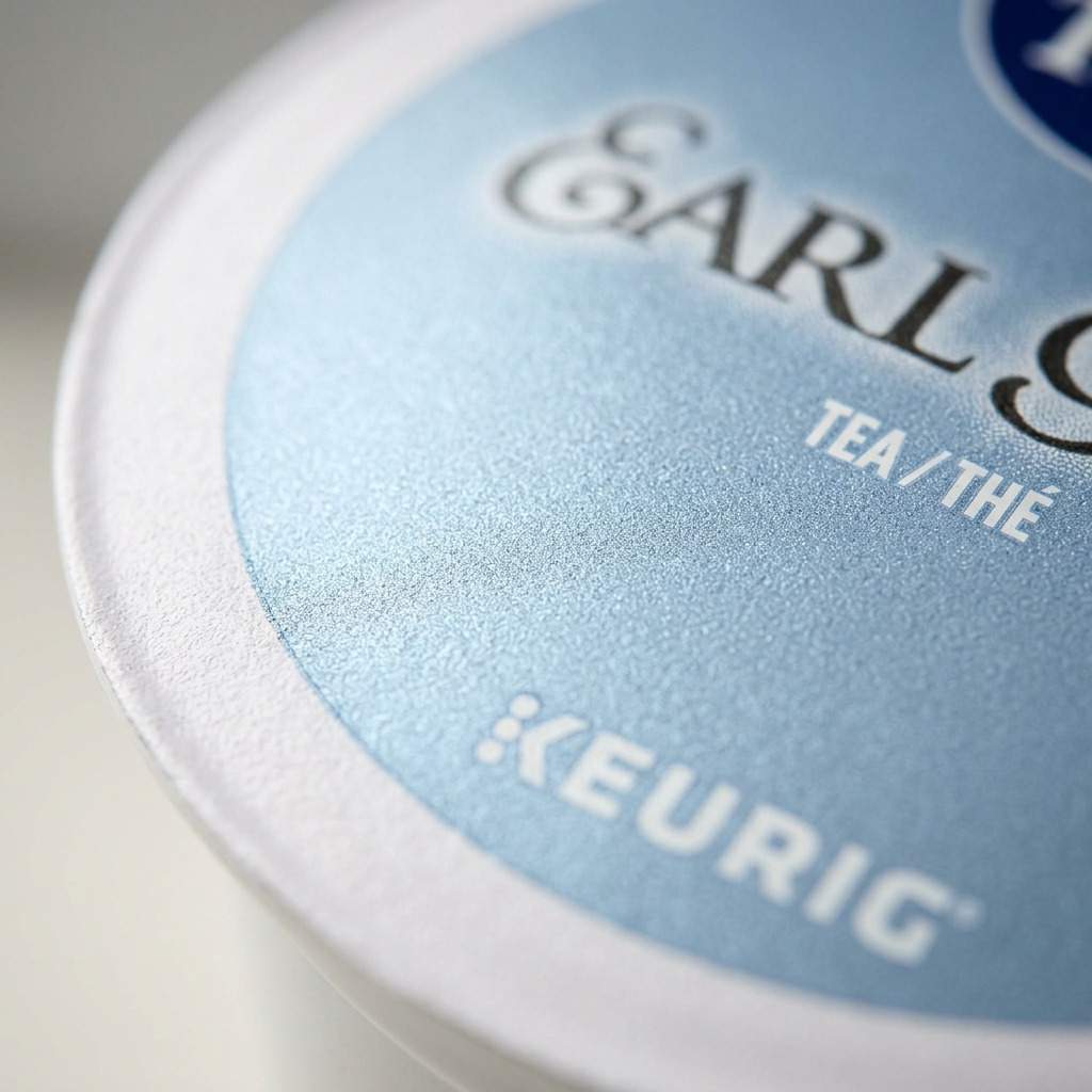 Extreme close-up of a K-Cup's lid texture, showing the embossed 'KEURIG' name.