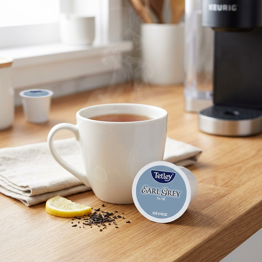 A close-up photograph of a Tetley Earl Grey K-Cup pod sitting next to a fresh cup of tea.