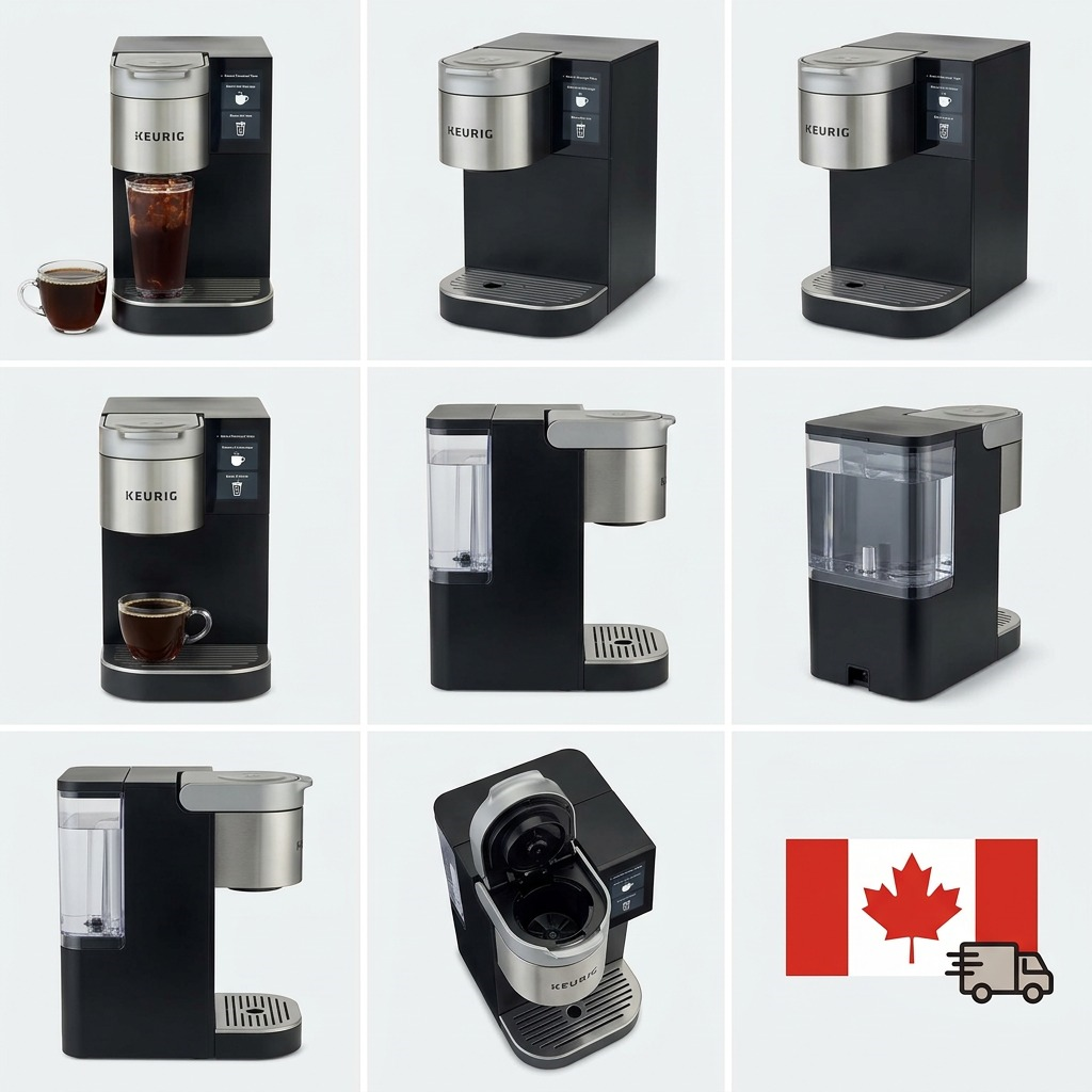 A 3x3 grid showing a black Keurig K2550 commercial coffee maker from eight different angles on a light grey background. A cup of coffee and an iced drink are shown near the machine, with a large Canada flag and shipping truck in the bottom right corner.