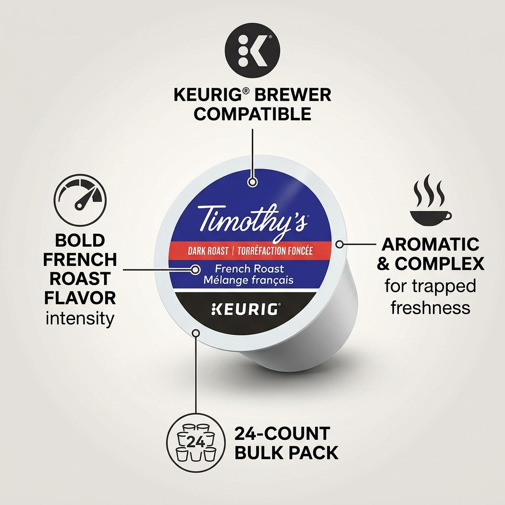 A focused product image of a Timothy's French Roast K-Cup, showcasing its key features with clean lines and callouts.