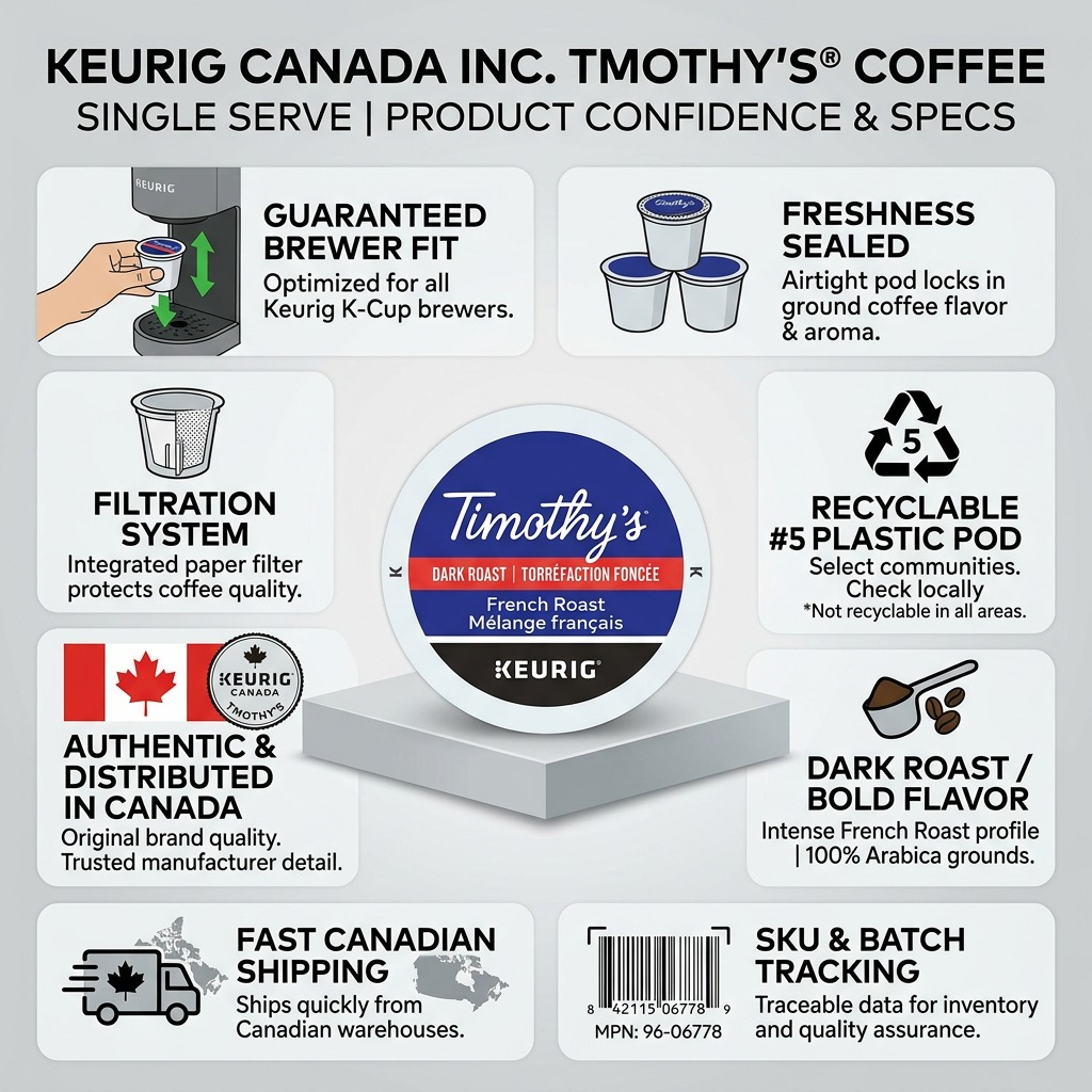 Infographic for Timothy's French Roast K-Cups, highlighting manufacturer authenticity and details.