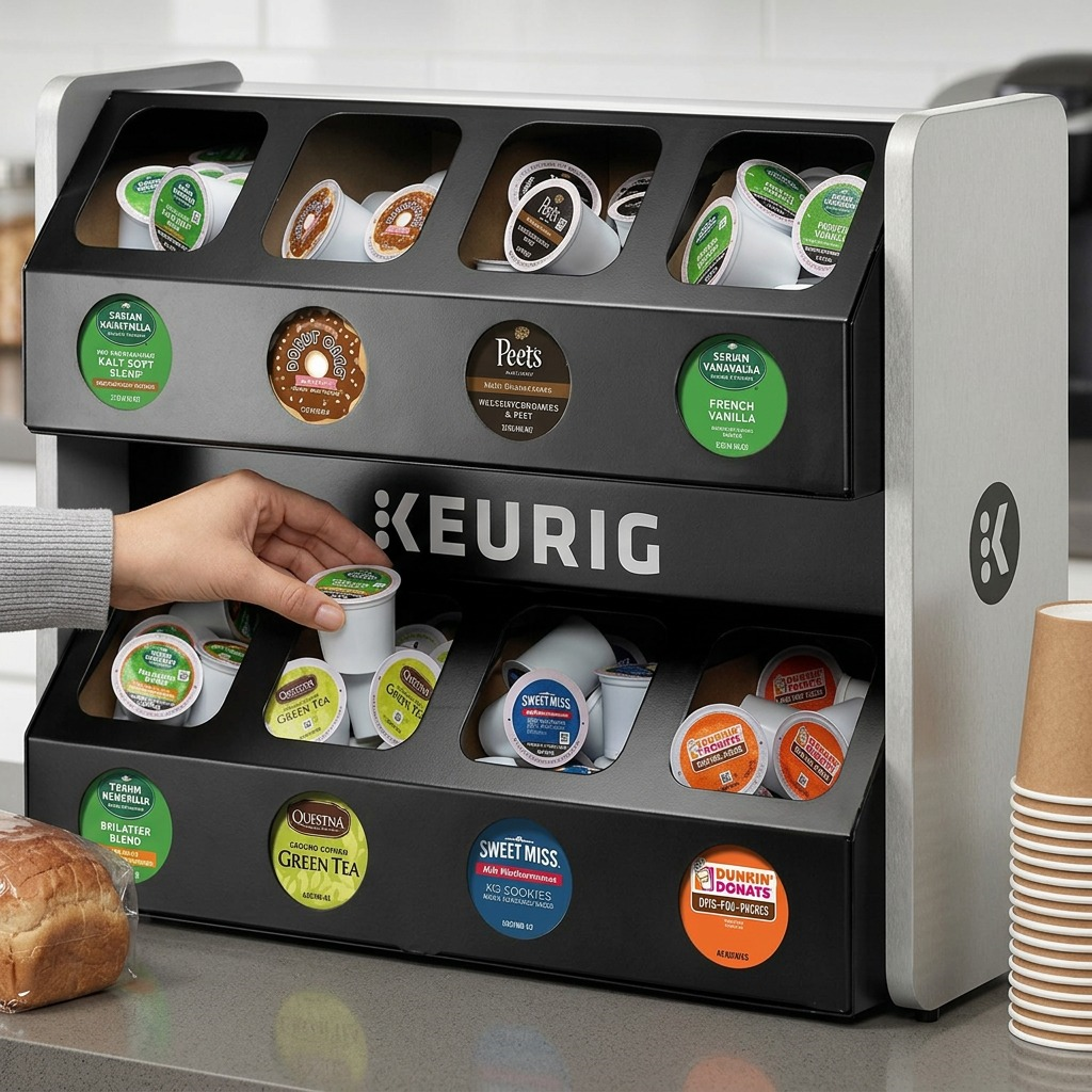 A person stands beside the two-tier Keurig storage shelf in an office breakroom, demonstrating its compact size.